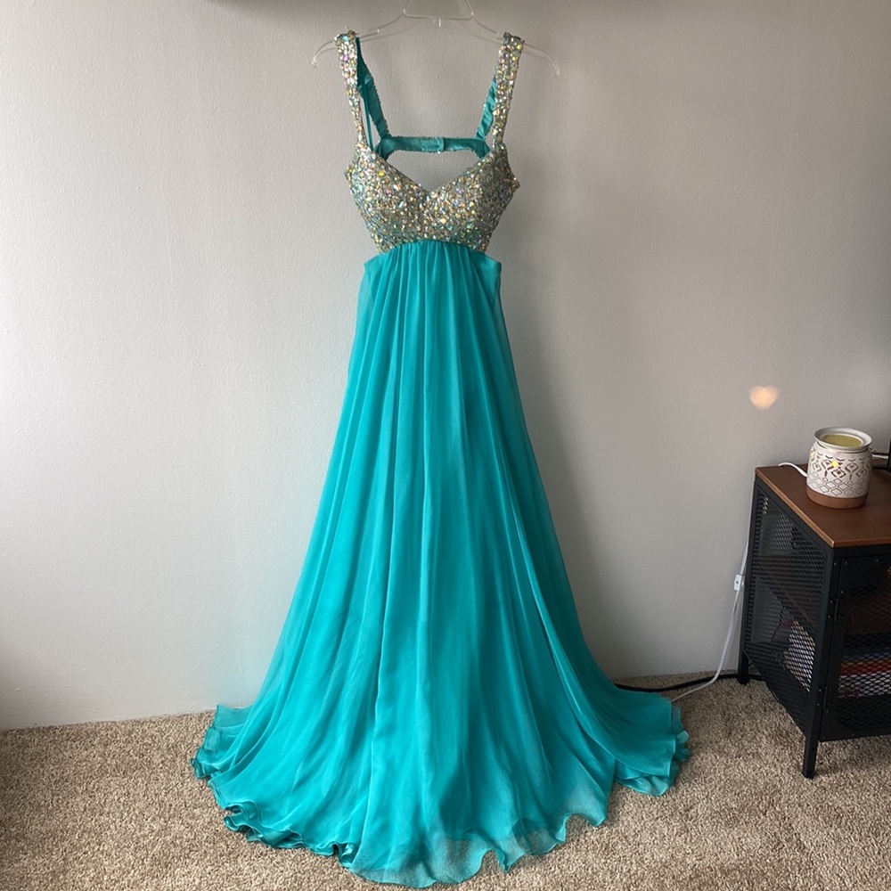 Aqua rhinestone gown with cut outs and open back- La Femme 18989